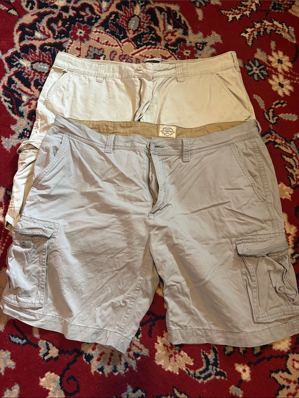 Two pairs of Cargo Shorts. Gray Pair from St John’s Bay. And the Cream Color.